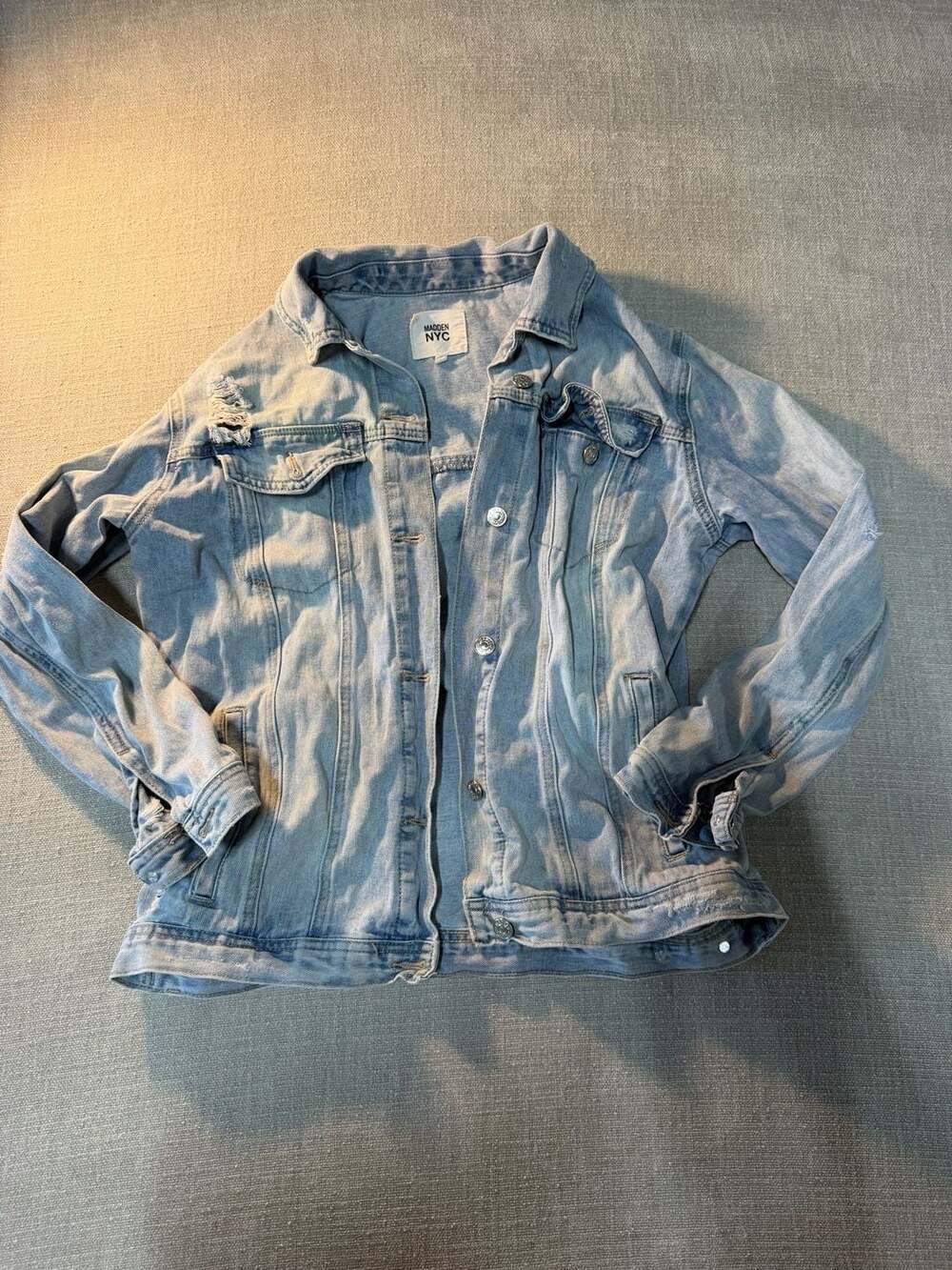Madden NYC Distressed Light Wash Denim Jacket
